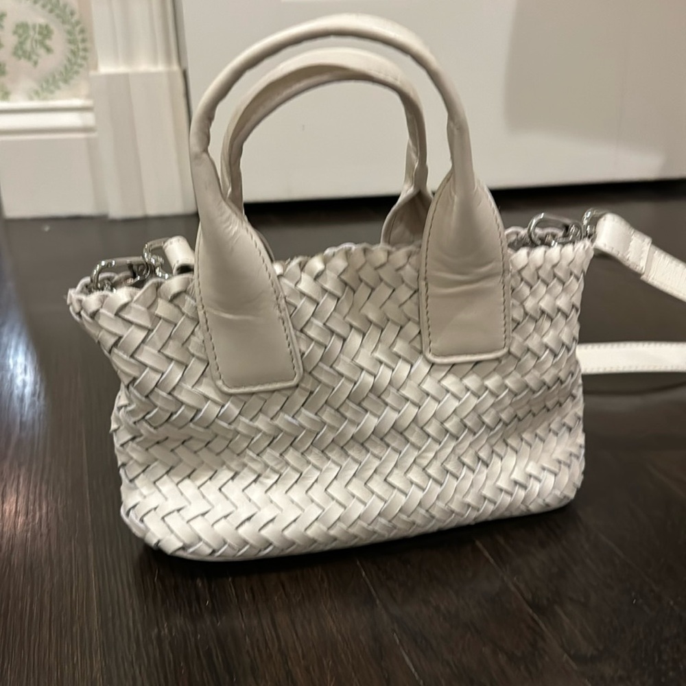 Mango mini woven bag in white leather with long or short strap option.